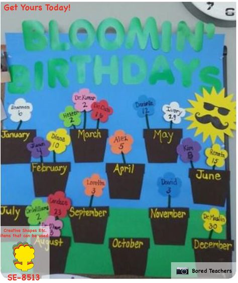 Birthday Bulletin Boards can have more than just balloons as a theme.  Our flower cut-outs would be great for creating a garden display of Blooming Birthdays such as the one pictured here! Get your flower cut-outs today and see what you can create! Garden Theme Classroom, Birthday Board Classroom, Board Classroom, Birthday Bulletin Boards, Birthday Bulletin, Infant Classroom, Spring Classroom, Kids Room Murals, Classroom Birthday