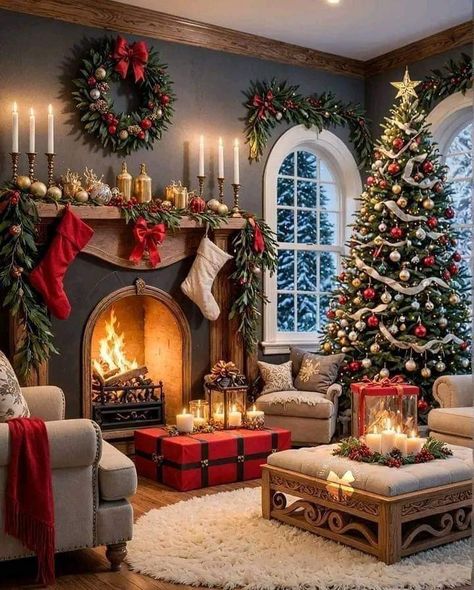 Luxury Christmas Decor, Christmas Scenery, Christmas Fireplace Decor, Christmas Decor Inspiration, Cosy Christmas, Christmas Mantel Decorations, Christmas Interiors, Christmas Decorations Living Room, Christmas Living Rooms