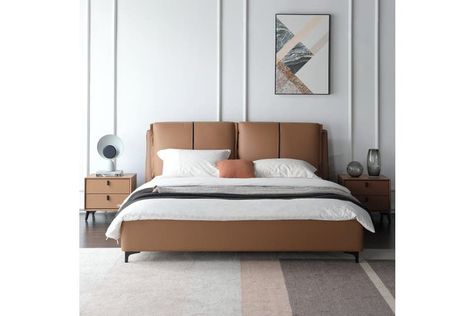 ALESSANDRO luxurious Leather Bed Frame King/ Carbon steel legs Leather Bed Back Design, Bed Headboard Ideas Modern, Headrest Designs For Bed, Upholstered Bed Design, Leather Headboard Bedroom, Brown Leather Bed, Leather King Bed, Leather Sleigh Bed, Affordable Bed Frames