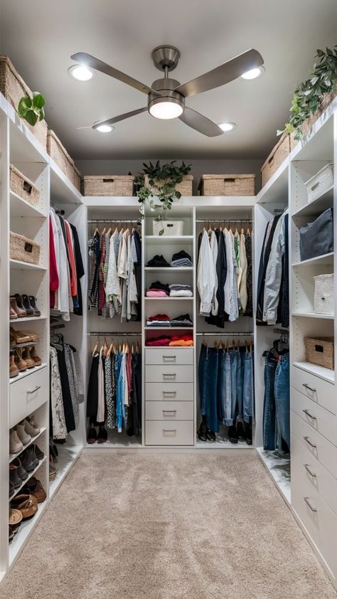 Walk In Closet With Drawers And Shelves, Master Room With Walk In Closet, Walk In Closet Cubby Ideas, Walk In Wardrobe Shoe Storage, Closet Organization Ideas His And Hers, U Closet Design, Small Walk In Closet With Dresser, Show Closet Ideas, Walk On Closet Ideas