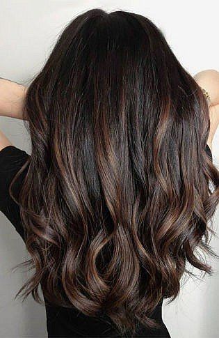 The Trend Spotter, Black Hair Balayage, Hair With Highlights, Curled Hair, Fall Hair Color Trends, Black Hair Dye, Black Hair With Highlights, Caramel Highlights, Brown Hair Balayage