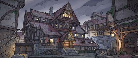 Fantasy Inn Exterior, Inn Concept Art, Fantasy Tavern Exterior, Breekon And Hope, Steampunk Tavern, Tavern Exterior, The Belgariad, Fantasy Inn, David Eddings