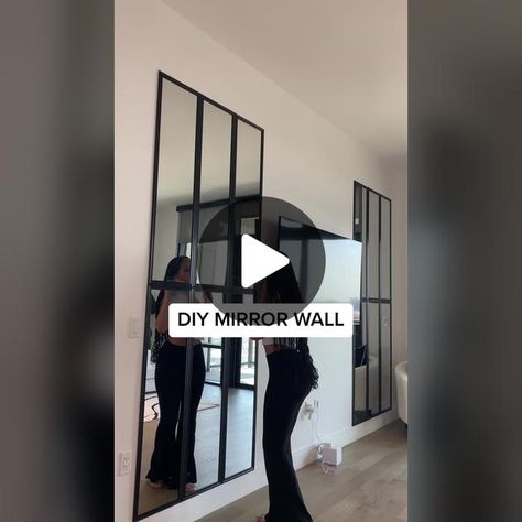 Black Mirrors In Kitchen, Install Mirror On Wall, Stick On Mirror Tiles Bedroom, Budget Mirror Wall, Diy Black Mirror Wall, Stick Mirror To Wall, Target Wall Mirror Hack, Basement Mirror Wall, Living Room Decor With Mirror On Wall