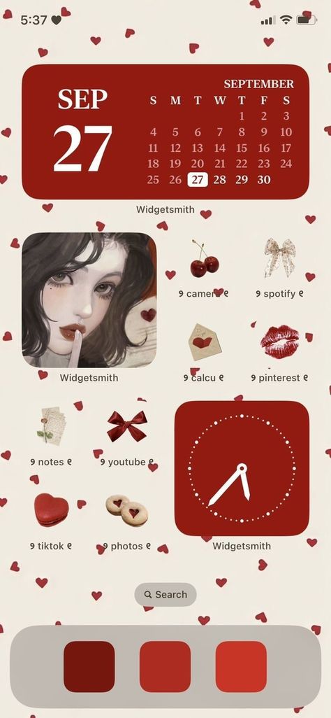 Red Wallpaper Iphone Widget, Lovecore Phone Layout, Red Widget Homescreen, Dark Red Homescreen Ideas, Coquette Red Aesthetic Wallpaper, Love Phone Theme, Pink And Red Phone Layout, Iphone App Layout Red, Hello Kitty Phone Theme Red