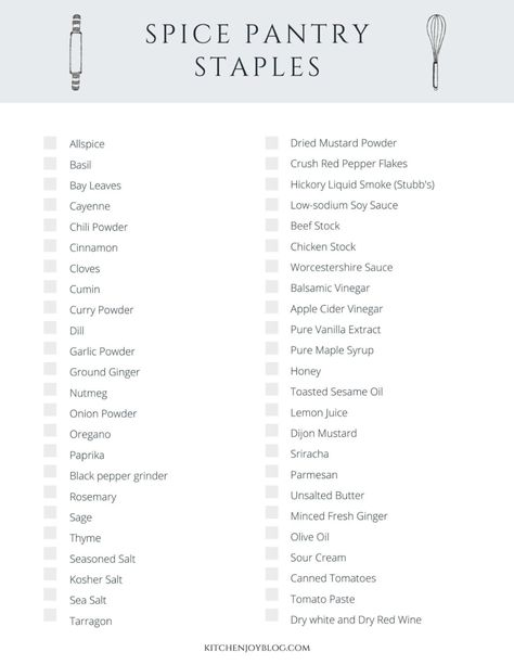 Pantry Staples Guide- The Essential Ingredients to Equip Yourself for Cooking at Home - Kitchen Joy Essential Spices For Pantry, Essential Seasonings For Cooking, Essential Ingredients For Cooking, Basic Spice List, Kitchen Ingredient Essentials, Basic Seasoning List, List Of Seasonings, Ingredients Only Household, Kitchen Staples List