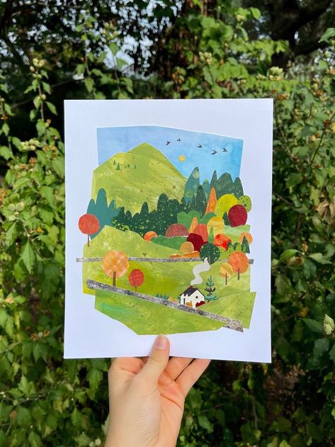 Collage Landscape, 8x10 Prints, Fall Landscape, Collage Art Projects, Paper Collage Art, Collage Illustration, Autumn Landscape, Kirigami, Mix Media