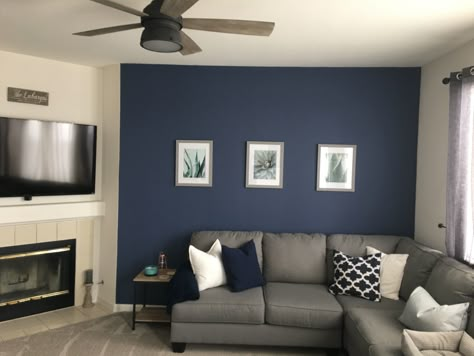 Navy wall: color is Behr in "English Channel" And offwhite cream for laundry rm Fireplace Accent Walls, Gray Couch, Living Room Decor On A Budget, Navy Walls, French Country Living Room, English Channel, Trendy Living Rooms, Country Living Room, Living Room Remodel