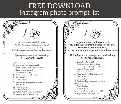 i spy prompt sheet for instagram wedding photo uploads - FREE DOWNLOAD I Spy Wedding Game, Wedding I Spy, Spy Wedding, I Spy Printable, Wedding Reception Activities, Wedding Photo List, Wedding Games For Guests, Reception Activities, Trendy Wedding Favors