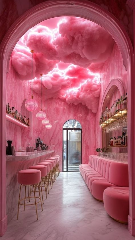 Marble Ice Cream, Cafe Interior Ideas Creative, Pink Bar Ideas, Pastel Pink Interior Design, Girly Restaurant Interior, Dessert Interior Design, Pink Cloud Ceiling, Cloud Interior Design, Ice Cream Parlour Interior