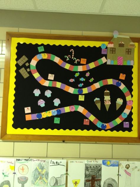 Candy Land - Note the percent goals along the path. The more kids read, the more they advance! Leasing Goal Board, Ideas For Motivation, Goals Bulletin Board, Candy Theme Classroom, Ar Reading, Candy Boards, Accelerated Reading, Board Game Themes, Data Wall