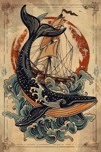 ↑↑↑ Larger size on website 🔸 A vintage-style illustration depicts a whale breaching through crashing waves, with a sailing ship o 🔸 From Midjourney AI Image Whale Breaching Drawing, Traditional Sea Tattoo, Whale Tattoo Design, Traditional Tattoo Illustration, Woo Tattoo, Traditional Lighthouse Tattoo, Hobbit Tattoo, Whale Breaching, Whale Tattoo