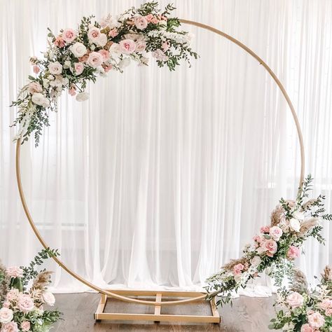 Wedding Flower Ring Arch, Name Sign For Wedding Receptions, Gold Circular Wedding Arch, Circle Arch Floral Arrangement, Dusty Pink Wedding Arch, Wedding Arch Flowers Circle, Simple Circle Wedding Arch, Wedding Ceremony Backdrop Circle, Backdrops For Wedding Ceremony