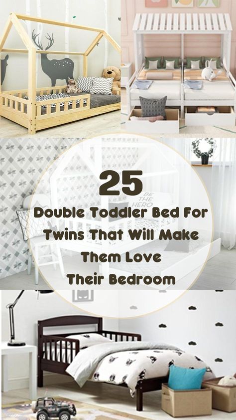 There are many awesome and wonderful designs of double toddler beds for twins you can choose. From the space saver bed for a small bedroom, to a low bed to make your twins secure during sleep, you can choose them depending on the twins’ needs. #toddlerbed #toddlerbedroomgirl #toddlerbedroomboy #toddlerbedroom #toddlerbedroomideas #toddlerbedideasforboys #toddlerbedsforgirlsideas #toddlerbedroomideasforboys #toddlerbedonfloorideas #toddlerbedding Shared Toddler Bed, 2 Twin Beds Pushed Together, Small Bedroom For Twins, Floor Bed For Twins, Twin Boy Room Ideas Toddler, Twin Toddler Beds, Twins Bedroom Ideas For Boys, Twin And Toddler Bed Shared Room, Double Toddler Bed Shared Rooms