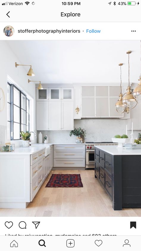 white cabinets and dark island with white counter for both. Light Wood Kitchens, Light Grey Kitchens, Kitchen Lighting Design, Black Island, Kabinet Dapur, Modern Kitchen Interiors, Wood Kitchen Cabinets, Kitchen Plans, Modern Farmhouse Kitchens