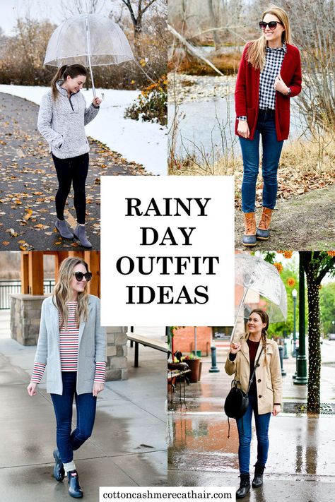 22 rainy day outfit ideas | what to wear in the rain | how to dress for the rain | the best rain boots | Hunter boots | Sperry Saltwater boots | Blondo waterproof boots | L.L.Bean boots | Cotton Cashmere Cat Hair Rainy Day Work Outfit, Fall Rainy Day Outfits, Outfit For Rainy Day, Rainy Spring Outfit, Pub Outfit, Rain Outfits, Duck Boots Outfit, Raining Day Outfit, Rainy Weather Outfits