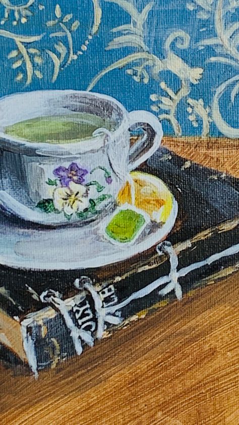 Acrylic Painting Coffee Cup, Cup Of Coffee Painting Acrylic, Tea Cup Painting, Teacup Painting, Coffee Cup Painting, Coffee And Bible, Cup Painting, Book Shops, Favorite Paintings