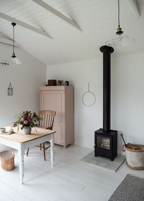 Scandinavian inspired studio space with log burner and white wooden floorboards Wood Burning Stoves Living Room, Timber Frame Building, Log Burner, Wood Burner, Indian Summer, Studio Decor, Wood Burning Stove, Studio Space, A Wood