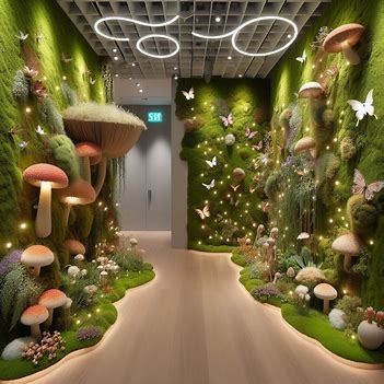 sza moss garden rectangular wall small indent room inside includes fuzzy mushrooms, fairies, butterflies, with moss crawling on the side of the wall, circular flat lights going down the hallways with gel lights and butterflies hanging down - Image Creator from Microsoft Designer Moss Forest Aesthetic, Mushrooms Decoration, Fuzzy Wall, Moss Bedroom, Sensory Kids Room, Fairy Garden Room, Secret Garden Theme, Indoor Playground Design, Tangled Lanterns