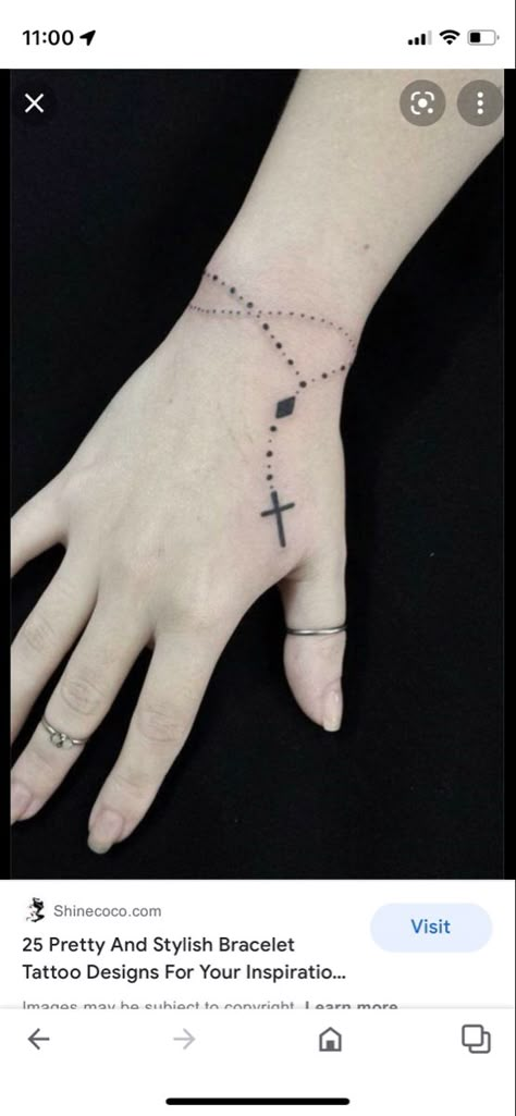 Dainty Rosary Hand Tattoo, Rosary Bracelet Tattoo, Rosary Wrist Tattoo, Rosary Tattoo Wrist, Tattoos Pulseras, Rosary Tattoo On Hand, Wrist Hand Tattoo, Jewerly Tattoo, Girl Finger Tattoos