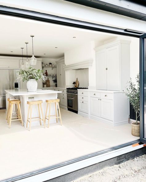 Kitchen Extension Ideas Bi Fold Doors, Bifolds In Kitchen, Kitchen With Bifold Doors, Kitchen Bifold Doors, Bi Folding Doors Kitchen, Howdens Kitchens, Kitchen With Island, House Extension Design, Kitchen Transformation