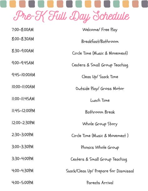 Pre-K Full Day Schedule, Preschool Schedule, Schedule, School Schedule, Kindergarten Schedule, Daycare, School Schedule -this is an editable document -pre k schedule can be used for full day program for school, homeschool or daycare Pre K Classroom Schedule, Sample Preschool Schedule, Preschool Classroom Schedule Ideas, 3s Preschool Schedule, Preschool Daily Schedule Ideas, Home School Schedule Daily Routines Pre K, Pre K Schedule Daily Routines Homeschool, Daily Homeschool Schedule Kindergarten, Prek Schedule Full Day