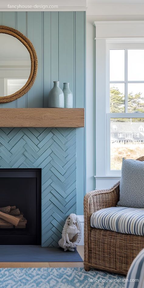 This beautifully crafted shiplap fireplace, with its subtle color and rustic texture, brings a gentle warmth to the living room, perfectly capturing the essence of modern farmhouse style Shiplap Patterns, Coastal Fireplace Ideas, Unique Fireplaces, Shiplap Fireplace Ideas, Modern Shiplap, Herringbone Fireplace, Fireplaces Modern, Shiplap Ideas, Coastal Fireplace