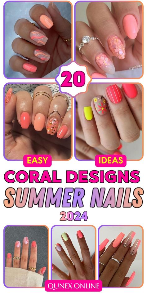 Nail Coral Color, Neon Summer Nails Designs, Summer Coral Nails, Neon Coral Nails, Neon Summer Nails, Coral Nails With Design, Coral Nail Polish, Neon Orange Nails, Neon Summer