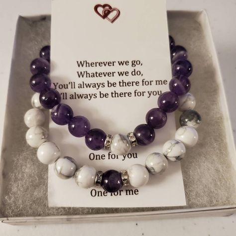 Matching set of gemstone bracelets for couples, friends, or family Remind yourself of the special relationships you have with those that you adore with these couples/distance bracelets. Each set comes in a complimentary gift box with a note that reads: "Wherever we go, Whatever we do, You'll always be there for me I'll always be there for you. One for you One for me" Perfect for gift giving ; Christmas, Valentine's day, Birthday, long distance relationships or just friendships Purple Dream Lace Bracelets Matching, Bracelets For Couples, Couples Jewelry, Long Distance Relationships, Matching Couple Bracelets, Distance Bracelets, Ankle Bracelets Diy, Best Friend Bracelets, Couple Ideas