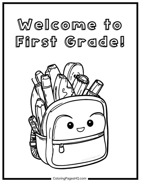 Welcome to first grade coloring page Welcome To First Grade, Welcome To Preschool, Going To Kindergarten, Welcome To Kindergarten, Kindergarten Colors, Kindergarten Coloring Pages, Welcome To School, Preschool Coloring Pages, School Coloring Pages