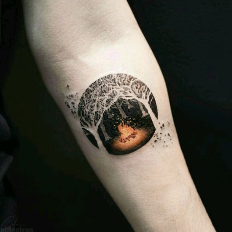 #tattoo #megandreamtattoo #tattoodo #scenery #inked #woods #original #fineline #tattooed #inked #tattoos Bonfire Tattoo, Woods Tattoo, Camping Tattoo, Circular Tattoo, 42 Tattoo, Female Tattoos, Dark Woods, Nature Tattoo, Fire Wood