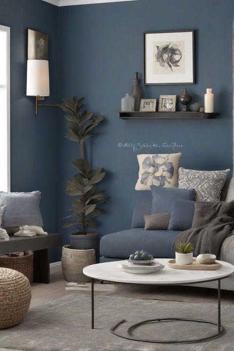 Transform your walls into deep elegance with Charcoal Blue (SW 2739)! Discover a daily interior design routine to elevate your space in 2024. #Ad #homedecor #homedesign #wallpaints2024 #Painthome #interiorarchitecture Wall Colors Green Living Room Colors Bright Living Room Colors Apartment Renovation Living room Remodeling Modern Paint Colors 2024 All Blue Living Room, Slate Blue Living Room Walls, Blue Paint For Living Room Walls, Blue Living Room Color Scheme Walls, Living Room Dark Blue Walls, Trending Living Room Colors, Blue Moody Living Room, Blue Basement Walls, Blue Grey Living Room Walls