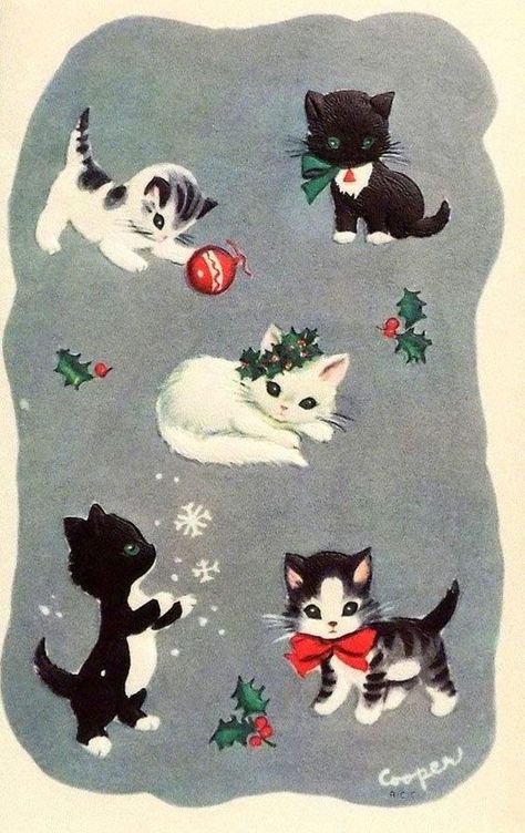 Vintage Christmas Images, Old Christmas, Vintage Christmas Cards, Vintage Greeting Cards, Christmas Illustration, Vintage Cat, Christmas Images, Christmas Aesthetic, Vintage Holiday