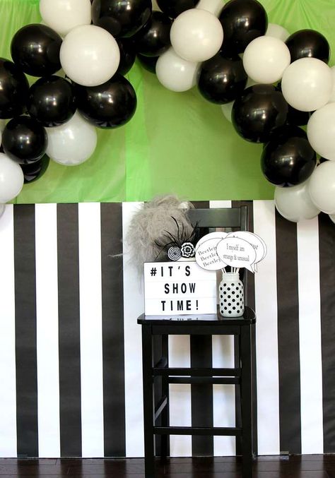 Beetlejuice Halloween Party | CatchMyParty.com Beetlejuice Party Decorations Diy, Tim Burton Birthday Party Ideas, Beetlejuice Centerpiece, Beetlejuice Themed Wedding, Beetlejuice Themed Party, Beetlejuice Nursery, Beetlejuice Wedding Theme, Beetlejuice Photo Booth, Beetle Juice Themed Party