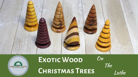 Learn how to turn miniature Christmas trees on the wood lathe. These are all exotic hardwoods (Osage Orange, Purple Heart, Olive, and Chechen). The tutorial takes you step-by-step through the process. These are great for displaying on a table top or use for ornaments. Make excellent gifts! Wood Christmas Trees, Antler Rings, Paracord Dog Leash, Wood Trees, Purple Heart Wood, Christmas Decorations Garland, Heart Wood, Dremel Wood Carving, Hiking Sticks