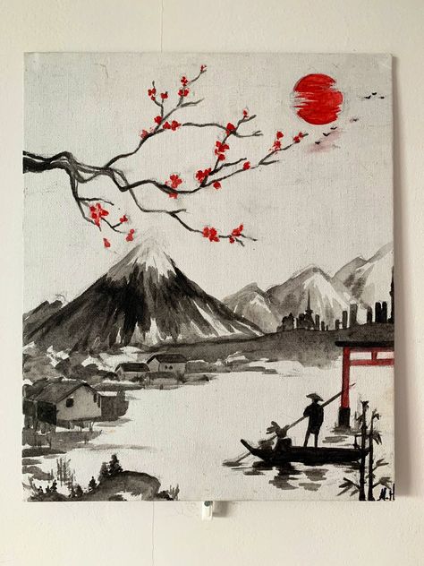 Acrylic on A4 canvas board. Original painting. Perfect for any japan enthusiast! Watercolour Nature Landscapes, Japanese Nature Painting, Painting Ideas Japan, Japanese Water Painting, Japan Drawing Ideas, Painting Ideas On Canvas Japanese, Traditional Japanese Landscape Art, Drawing Ideas Japanese, Japan Painting Easy