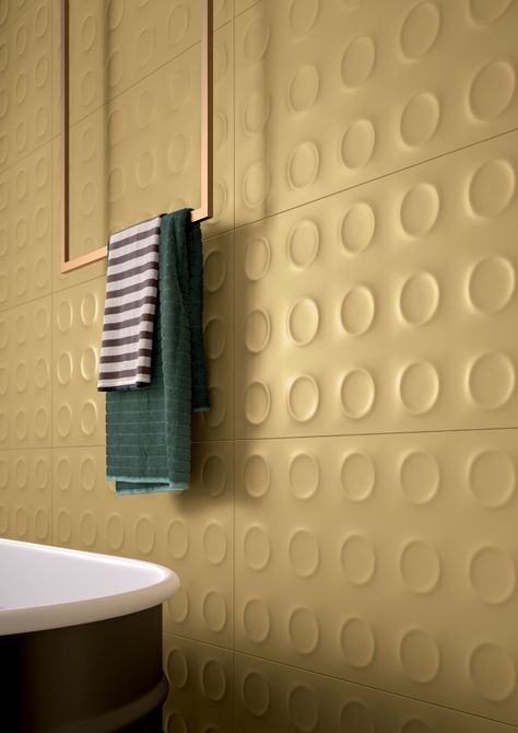 Marca Corona’s Bold series of 40-by-80-centimeter wall tiles come in four retro-inspired colorways with an innovative three-dimensional circle pattern. Fireplace Surround Tile, Charcoal Bedroom, A House Of My Own, Dimensional Tile, Bathroom Design Layout, 3d Wall Tiles, Vanity With Sink, Yves Klein, Felix The Cat