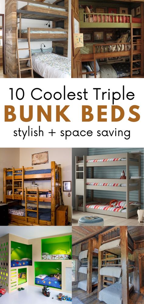 10 Coolest Triple Bunk Bed Ideas for Kids Rooms (+ DIY Instructions). Looking to save space in kids' rooms or small living areas? Triple bunk beds are the answer! Explore 10 cool ideas and find DIY instructions to create your own. Perfect for small rooms, girls' rooms, boys' rooms, cottages, and beyond, triple bunk beds offer a clever home hack for optimizing space. Built In 3 Bunk Beds, Built In Triple Bunk Beds, Triple Bunk Bed Ideas, Adult Bunk Beds For Small Room, 3 Bed In One Room Ideas, Triple Bunk Beds Plans, Modern Kids Bedrooms, Triple Bedroom, Bunk Beds Small Room