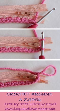 How to crochet around a zipper. Photos and instructions, plus a pattern for a zip-up pouch. Bamboo Ideas, Bandeau Au Crochet, Pouch Craft, Projek Menjahit, Confection Au Crochet, Garden Designs, Crochet Instructions, Crochet Stitches Patterns, Bag Crochet