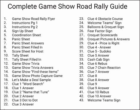 Game Show Theme Road Rally - 43 page Guide to help set-up and run a Game Show Road Rally. Instant Digital Download Complete with 10 Clues, Sign up Forms, Score Sheets, Tally Sheets, Panic Sheets, and games to include in your Game Show Theme Road Rally. Car Rally Ideas, Road Rally Ideas, Rally Ideas, Rally Games, Rally Idea, Car Rally, Road Rally, Fear Factor, Motorcycle Rallies