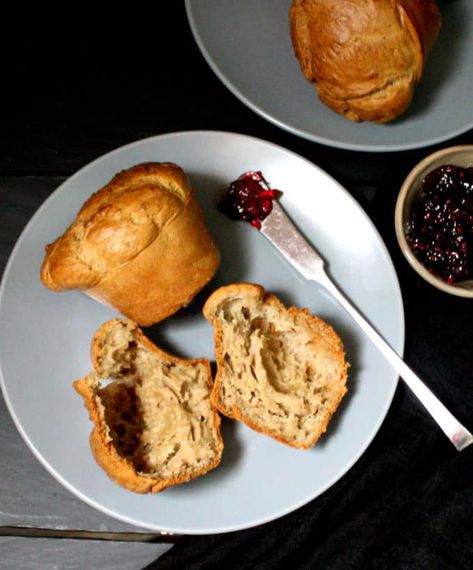 If you've missed popovers after giving up milk and eggs, here is a recipe that'll make you explode with joy. These vegan sourdough popovers have a crispy crust, large air pockets, and they taste simply amazing. A vegan, soy-free and nut-free recipe. #vegan, #breakfast, #popovers, #sourdough HolyCowVegan.net Sourdough Popovers, Breakfast Popovers, Popovers Recipes, Popover Recipe, Vegan Bread Recipe, Nut Free Recipes, Vegan Brunch, Vegan Bread, Starters Recipes