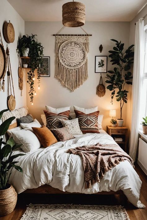 Small Carpet Bedroom, Boho Style Bedroom Decor, Boho Decor Inspiration, Bedroom Accents, Ideas For Small Bedrooms, Bedroom Carpets, Living Room Wall Decoration, Boho Style Bedroom, Cute Diy Room Decor