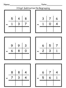 math practice worksheets 1st grade 3 Digit Subtraction Without Regrouping, Three Digit Subtraction, 3 Digit Subtraction, Subtraction Without Regrouping, Math Worksheets For Kids, Fun Math Worksheets, Math Word Walls, Math Practice Worksheets, Subtraction Practice