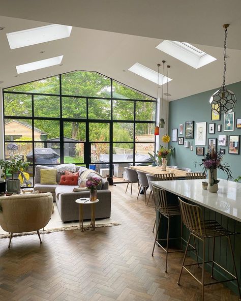 Open Plan Kitchen Dining Living Crittal, Kitchen Diner Family Room Open Plan, Kitchen Diner Family Room, 1930s House Interior, 1930s House Renovation, Lounge Diner, Kitchen Diner Extension, Extension Plans, House Extension Plans