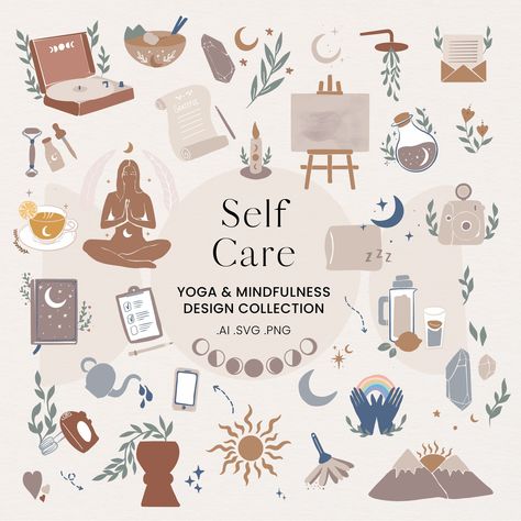 Self Care Digital Stickers, Self Care Illustration Art, Self Care Doodles, Spiritual Clipart, Yoga Elements, Self Care Illustration, Self Care Clipart, Props Illustration, Vision Journal