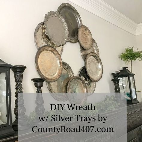 diy silver tray wreath Curb Appeal On A Budget, Unique Wreaths, Metal Coat Hangers, Thrift Store Upcycle, Rustic Ideas, Board And Batten Shutters, Craft Things, Abstract Art Diy, Christmas Tours