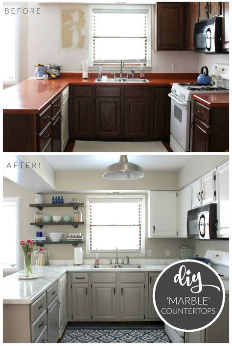 Budget Kitchen Makeover - DIY Faux Marble Countertops. Painted with the 'White Diamond' Giani Countertop Paint Kit-- creates the look of natural stone for under $100! www.gianigranite.com Small Kitchen Renovation Ideas, Small Kitchen Renovation, Giani Countertops, Kitchen Library, Kitchen Renovation Ideas, Farmhouse Island, Countertop Kit, Budget Kitchen Makeover, Trend Ideas