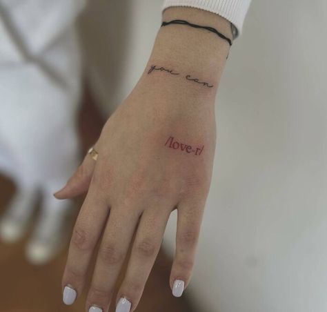 Small Hand Word Tattoos, Lover Hand Tattoo, Small Word Hand Tattoo, Self Love Hand Tattoo, Lover Word Tattoo, One Word Hand Tattoos, Hand Word Tattoos, Positive Hand Tattoo, Words On Hand Tattoo