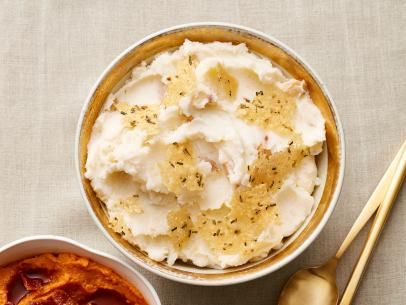 Roasted Garlic-Parmesan Mashed Potatoes Recipe | Food Network Kitchen | Food Network Sweet Potato Side Dish Recipes, Garlic Parmesan Mashed Potatoes, Starchy Sides, Perfect Potatoes, Thanksgiving Vegetables Side Dishes, Parmesan Mashed Potatoes, Sweet Potato Side Dish, Sweet Potato Sides, Roasted Garlic Mashed Potatoes