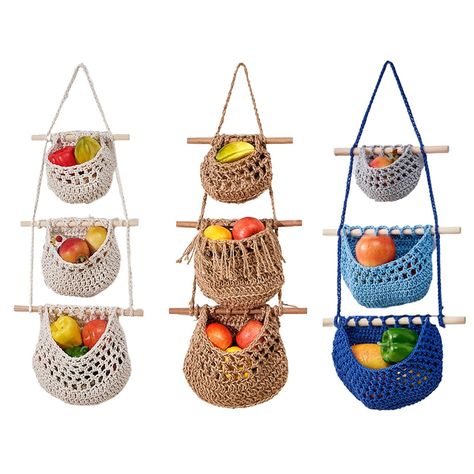 Boho Wall Basket Decor, Hanging Fruit Basket, Hanging Fruit Baskets, Kitchen Wall Hangings, Decorative Storage Baskets, Wall Hanging Basket, Wall Hanging Storage, Pocket Storage, Styl Boho