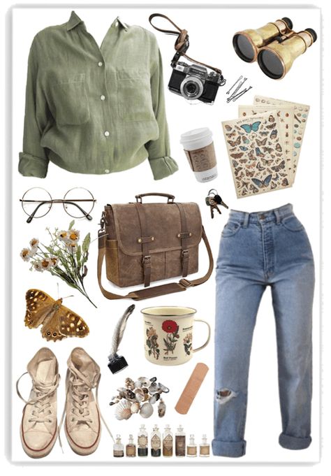 Herbalism Aesthetic Outfits, Research Scientist Outfit, Female Scientist Aesthetic Outfit, Practical Cottagecore Outfits, Biologist Aesthetic Outfit, Biology Teacher Aesthetic Outfits, Lazy Cottagecore Outfits, Science Student Aesthetic Outfit, Cottage Core Jeans Outfit